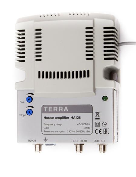 Terra HA126 R65 trasový zesilovač pas. 5-65MHz, 87-862MHz, zisk 20/101dB, 230V
