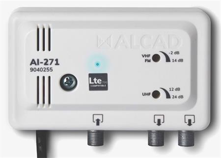 Alcad AI-271: 2 výst., (40-318, 470-694), G=14 dB (VHF) / 24 dB (UHF), reg., LTE700