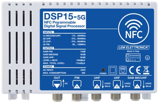 Lem DSP15-5G program. zesilovač FM/DAB/2xUHF, zisk 60dB/105dBuV, LTE 5G, NFC
