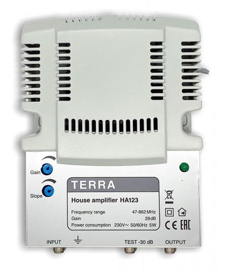 Terra HA123 R65 trasový zesilovač pas. 5-65MHz, 87-862MHz, zisk 28/101dB, 230V